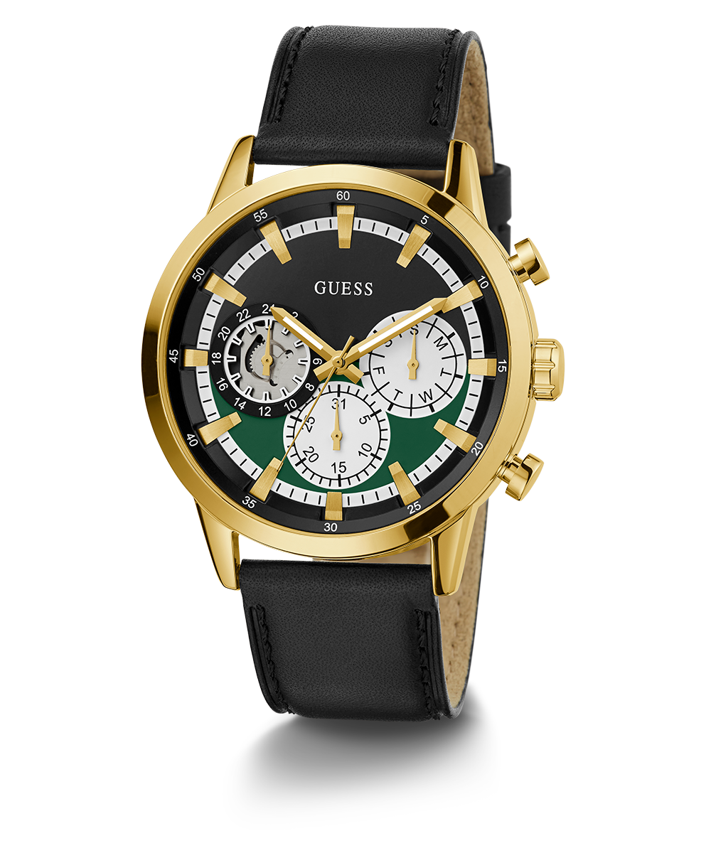 GUESS Mens Black Gold Tone Multi-function Watch