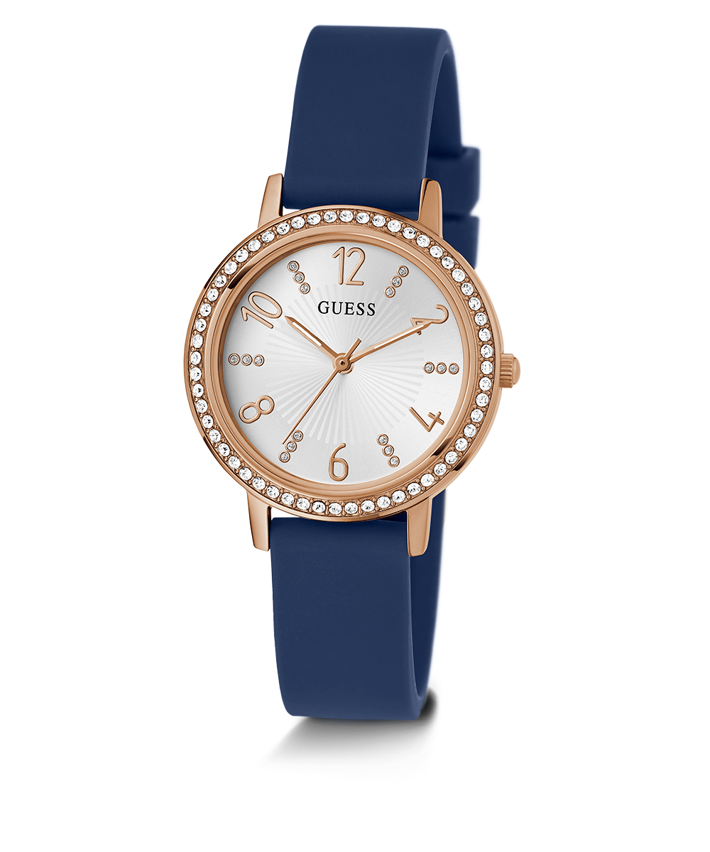 GUESS Ladies Blue Rose Gold Tone Analog Watch