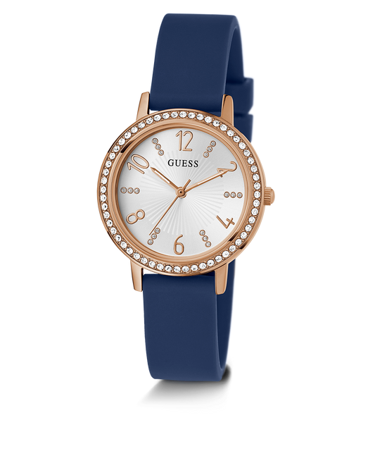 GUESS Ladies Blue Rose Gold Tone Analog Watch