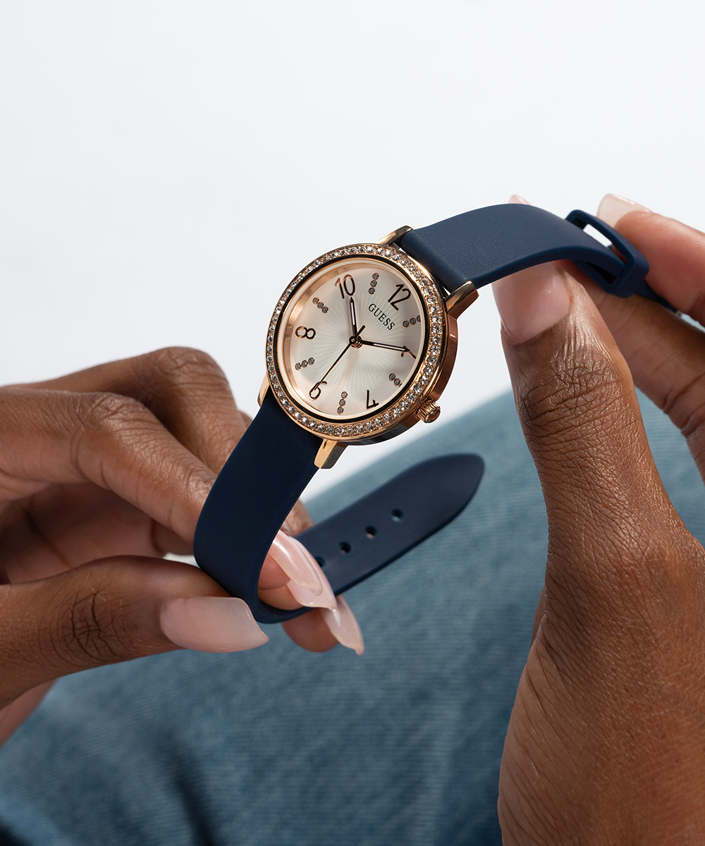 GUESS Ladies Blue Rose Gold Tone Analog Watch