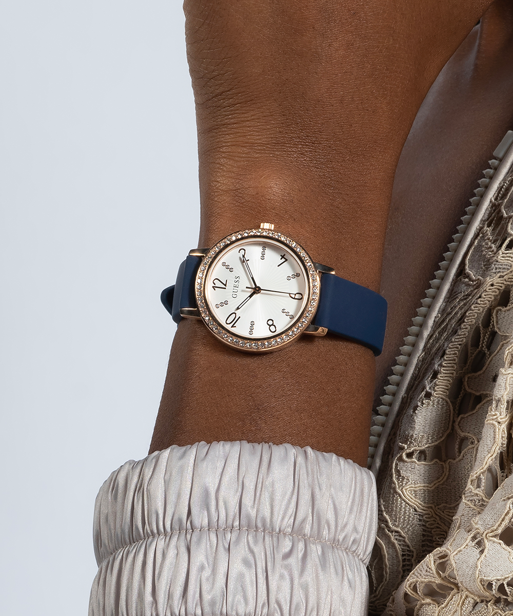 GUESS Ladies Blue Rose Gold Tone Analog Watch