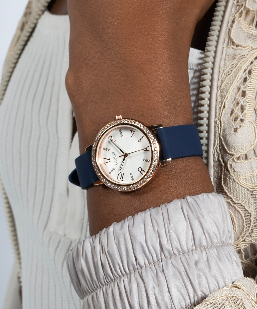 GUESS Ladies Blue Rose Gold Tone Analog Watch