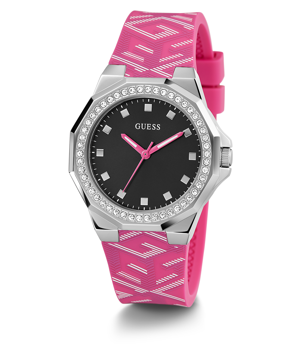 GUESS Ladies Pink Silver Tone Analog Watch
