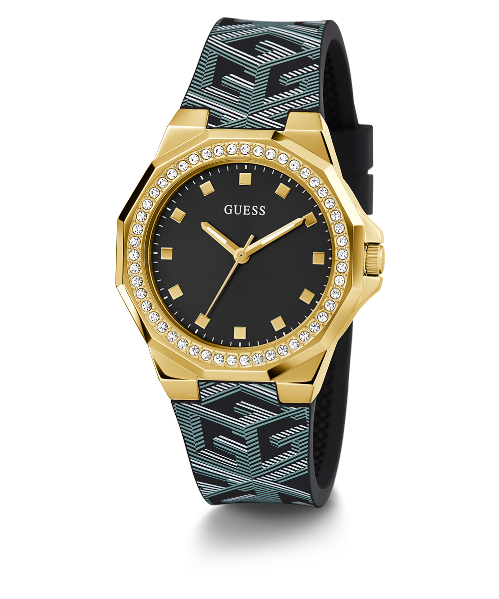 GUESS Ladies Black Gold Tone Analog Watch