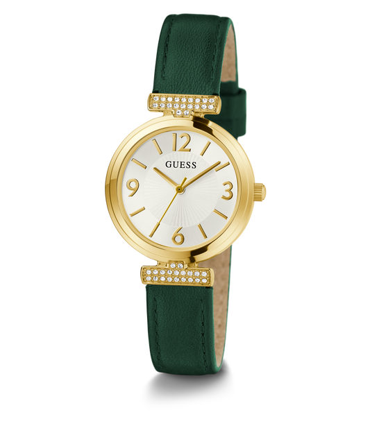 GUESS Ladies Green Gold Tone Analog Watch