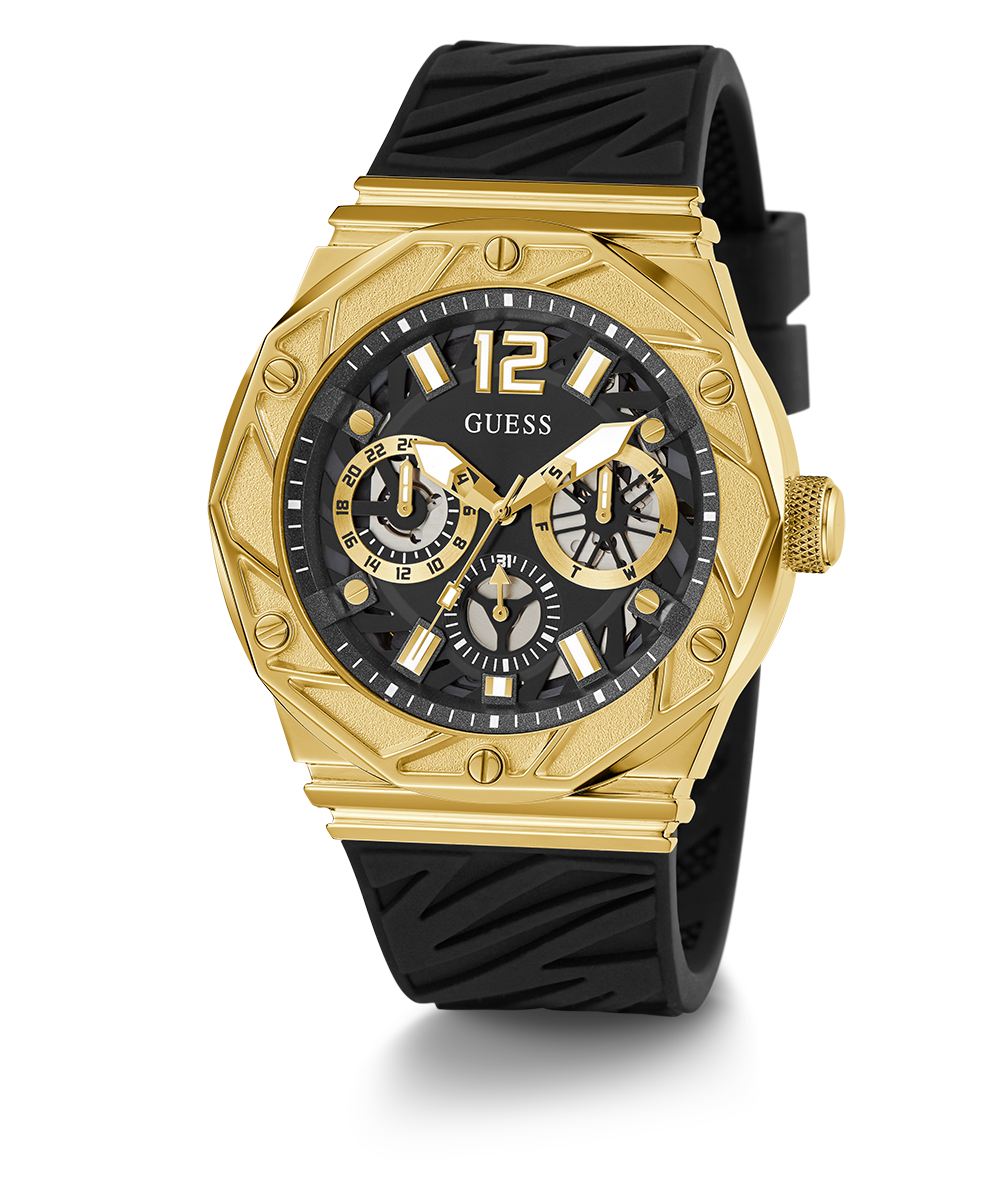 GUESS Mens Black Gold Tone Multi-function Watch