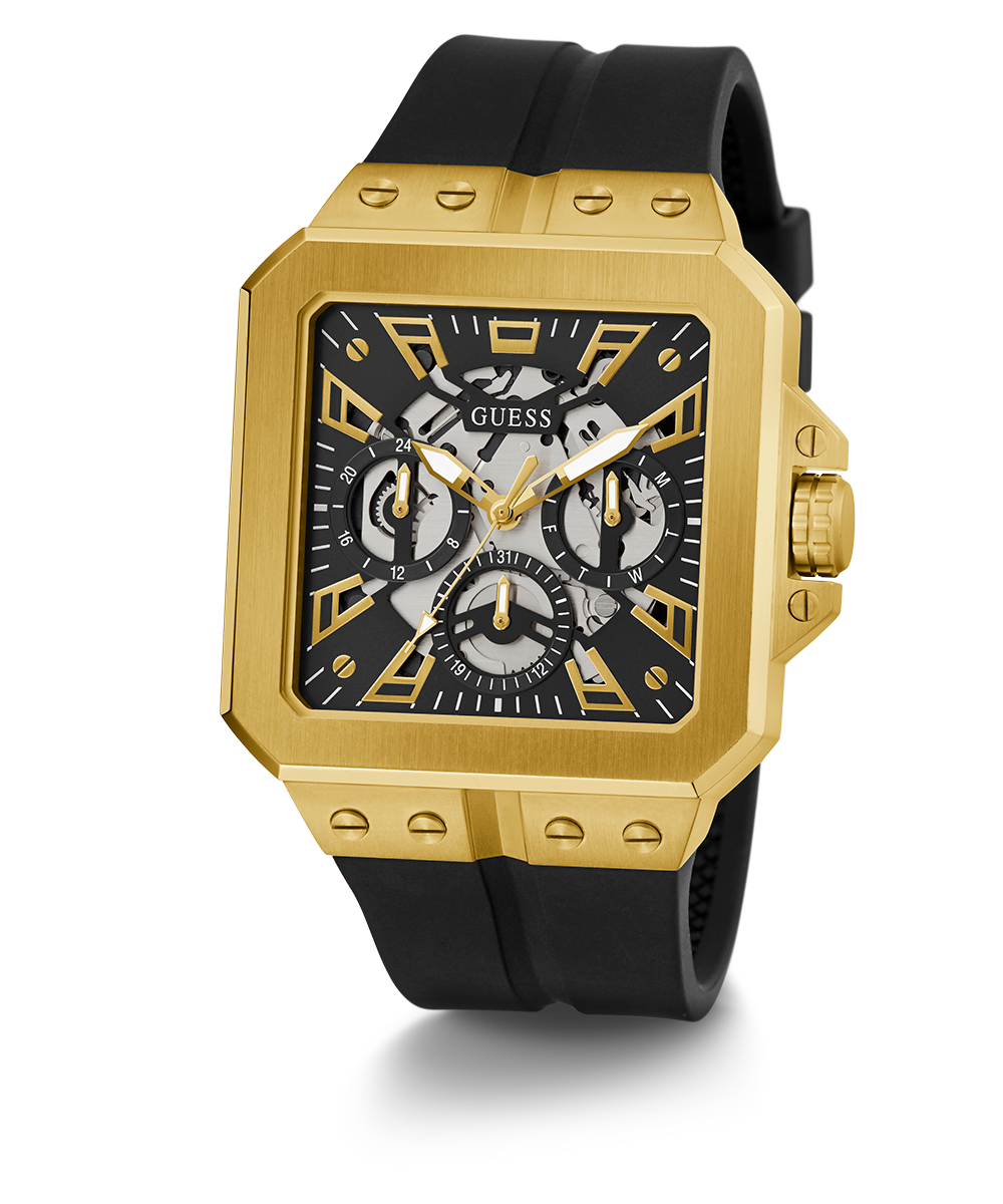 GUESS Mens Black Gold Tone Multi-function Watch