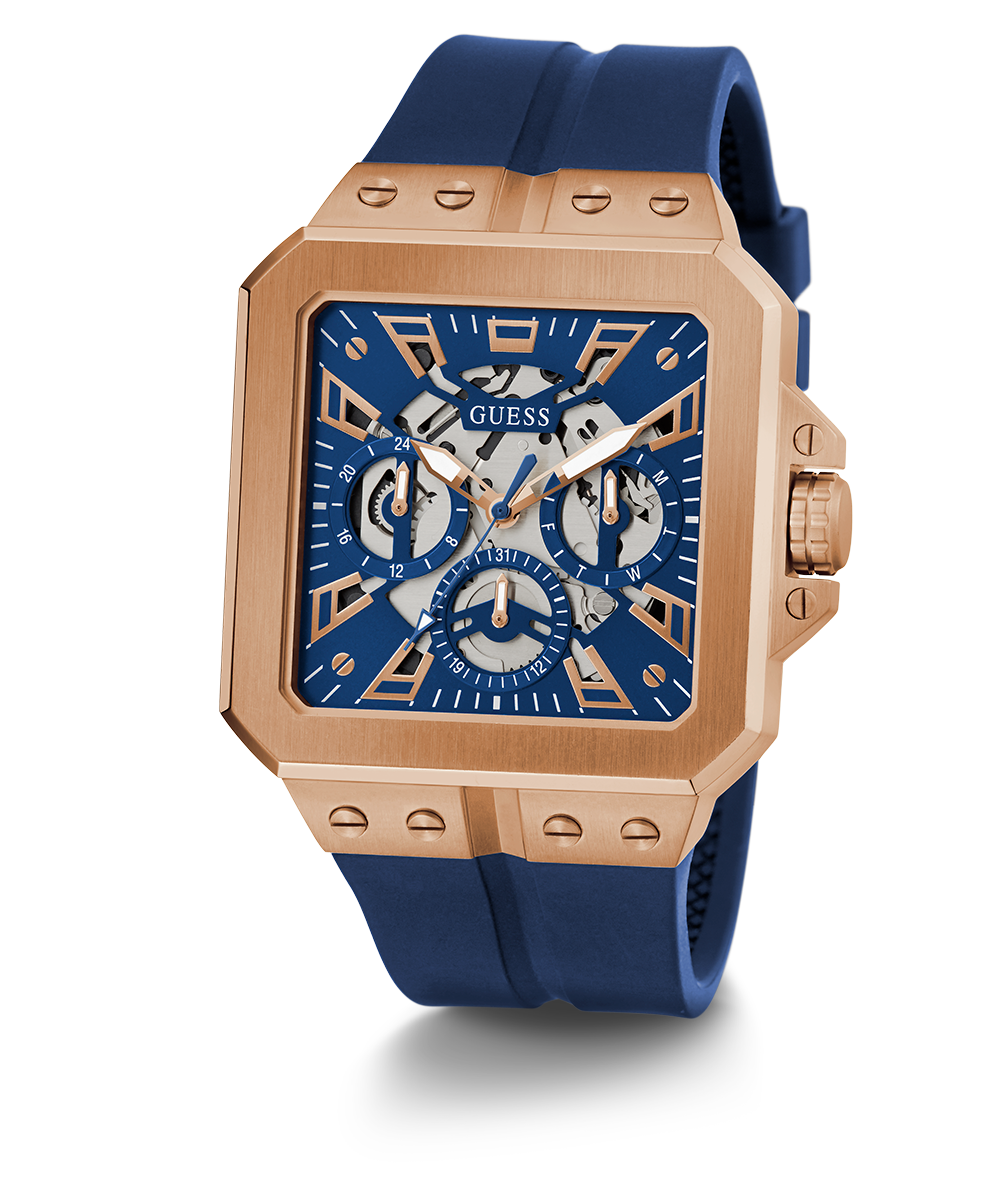 GUESS Mens Blue Rose Gold Tone Multi-function Watch