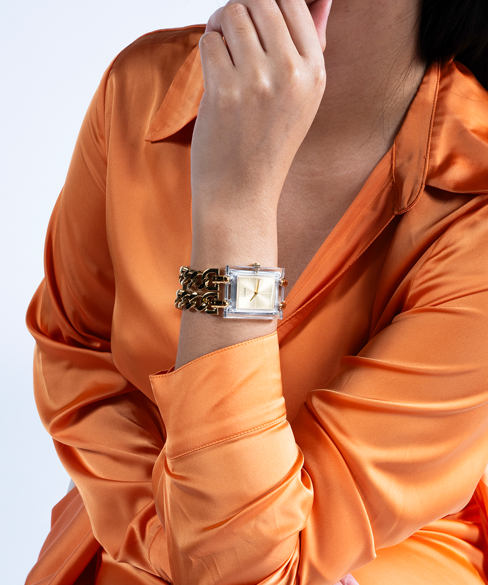 GUESS Mod Heavy Metal Ladies Gold Tone Clear Analog Watch