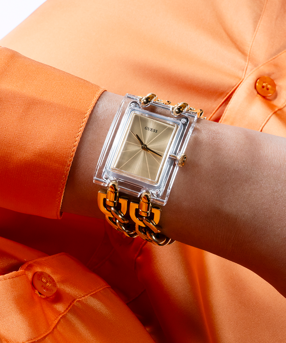 GUESS Mod Heavy Metal Ladies Gold Tone Clear Analog Watch