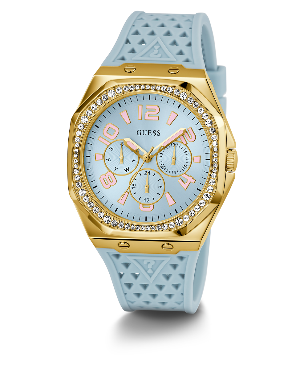 GUESS Ladies Light Blue Gold Tone Multi-function Watch