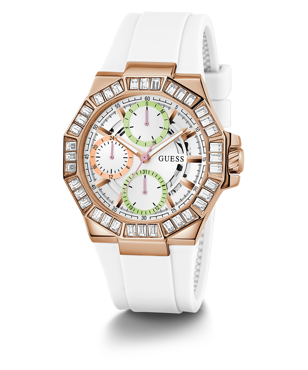 GUESS Ladies White Rose Gold Tone Multi-function Watch