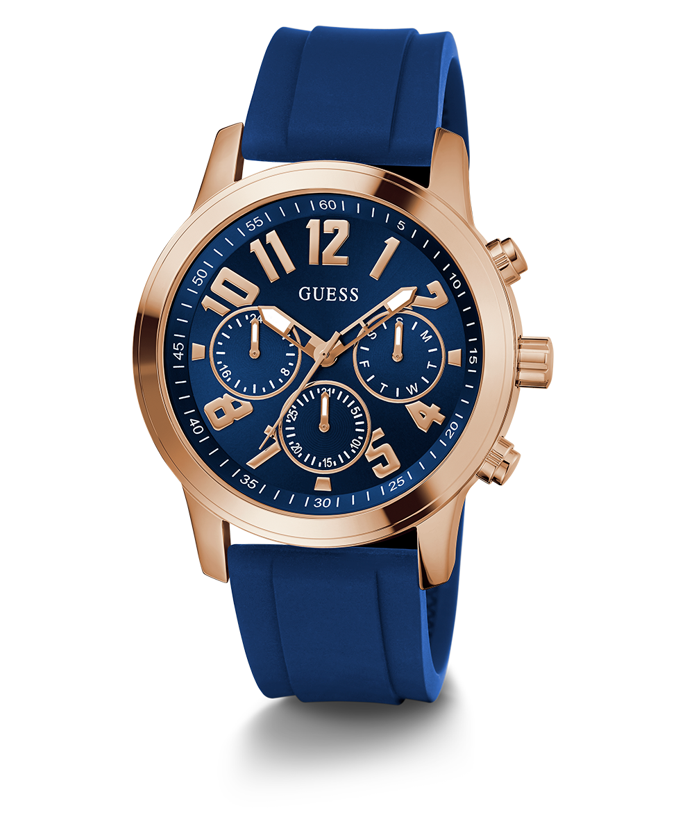 GUESS Mens Blue Rose Gold Tone Multi-function Watch