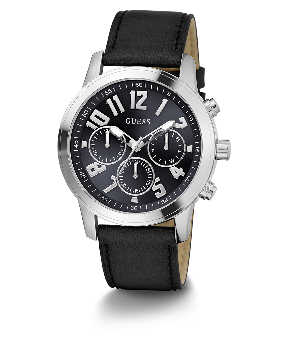 GUESS Mens Black Silver Tone Multi-function Watch