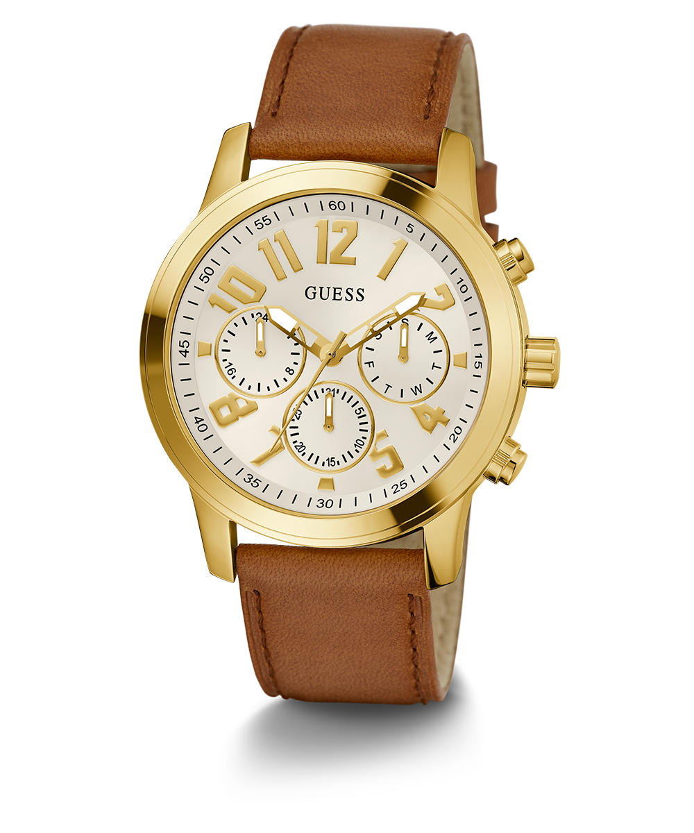 GUESS Mens Brown Gold Tone Multi-function Watch