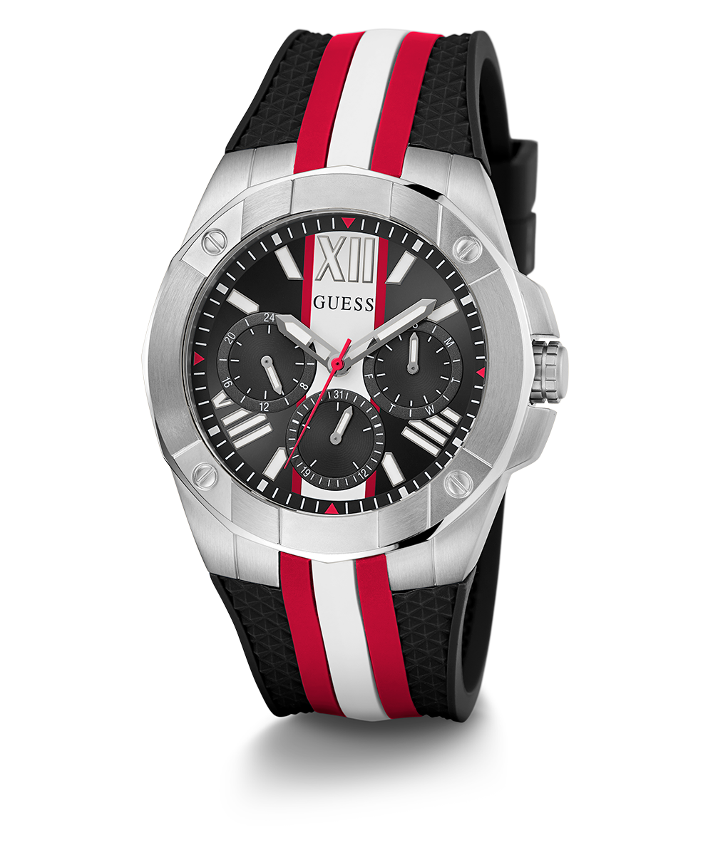 GUESS Mens Black Silver Tone Multi-function Watch