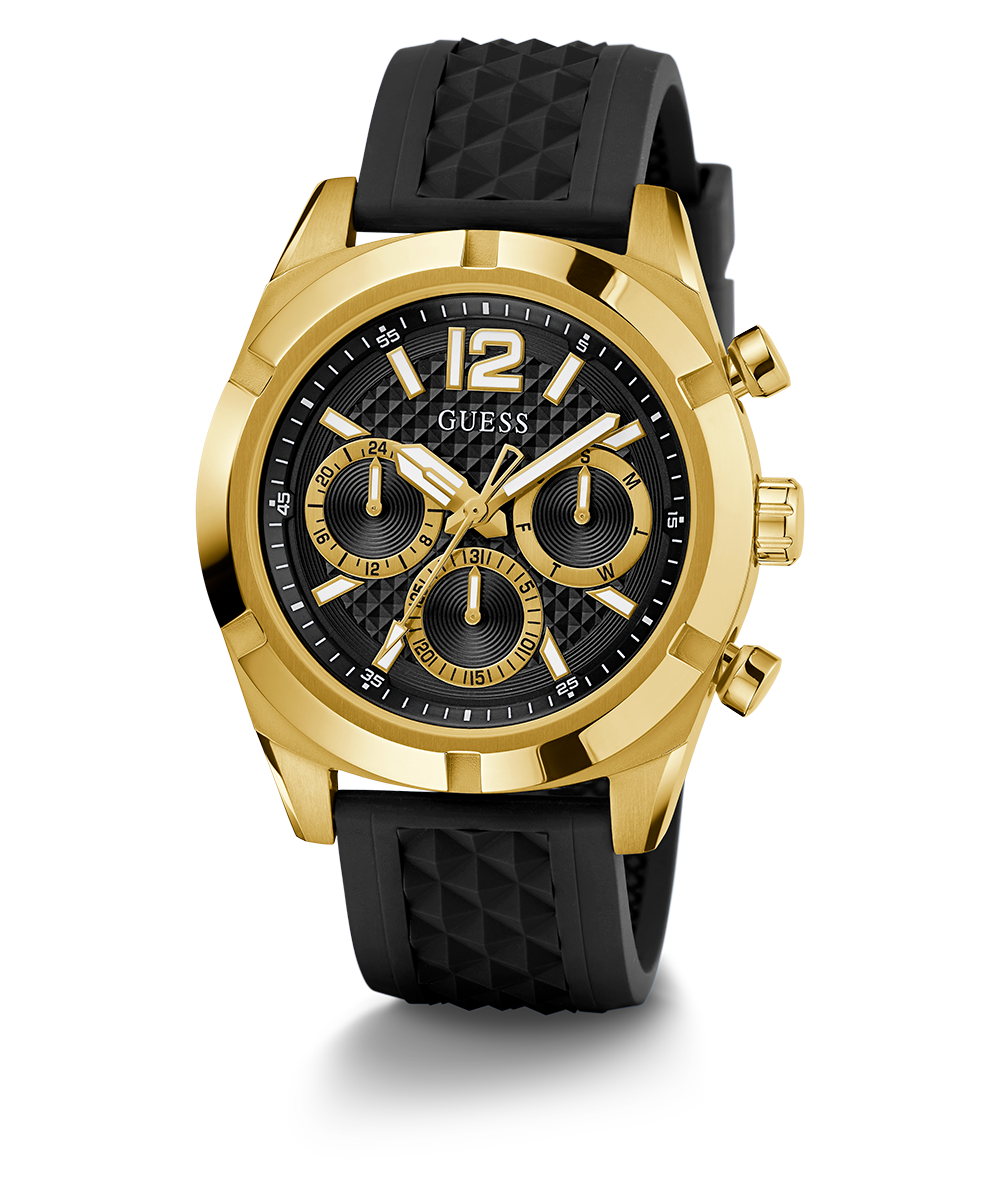 GUESS Mens Black Gold Tone Multi-function Watch