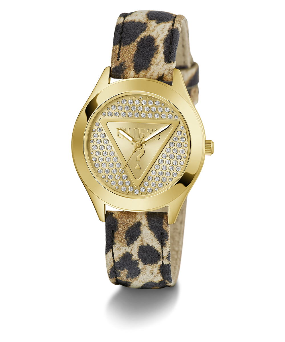 GUESS Ladies Leopard Gold Tone Analog Watch