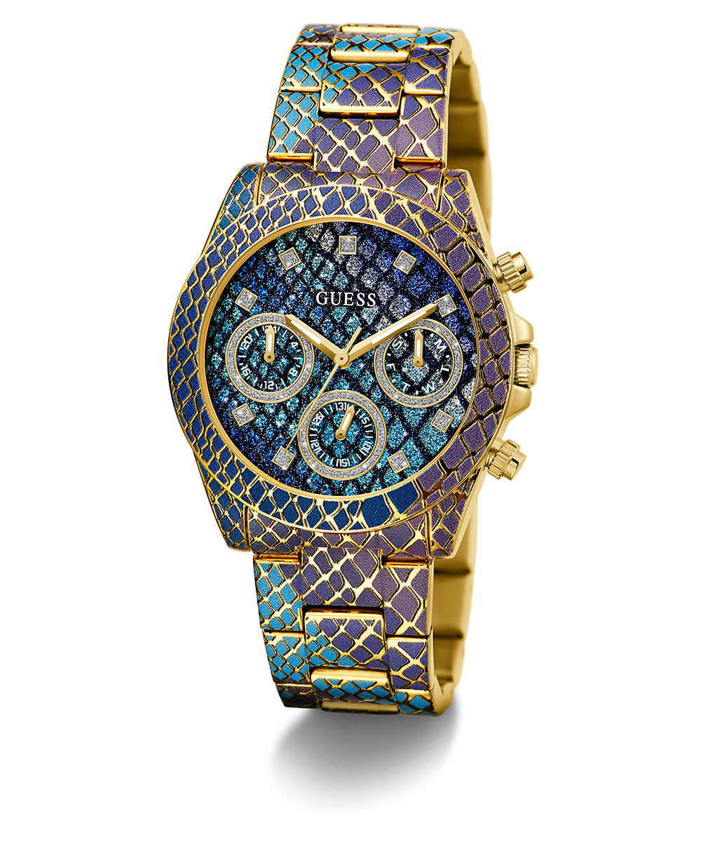 GUESS Ladies Blue Purple Gold Tone Multi-function Watch