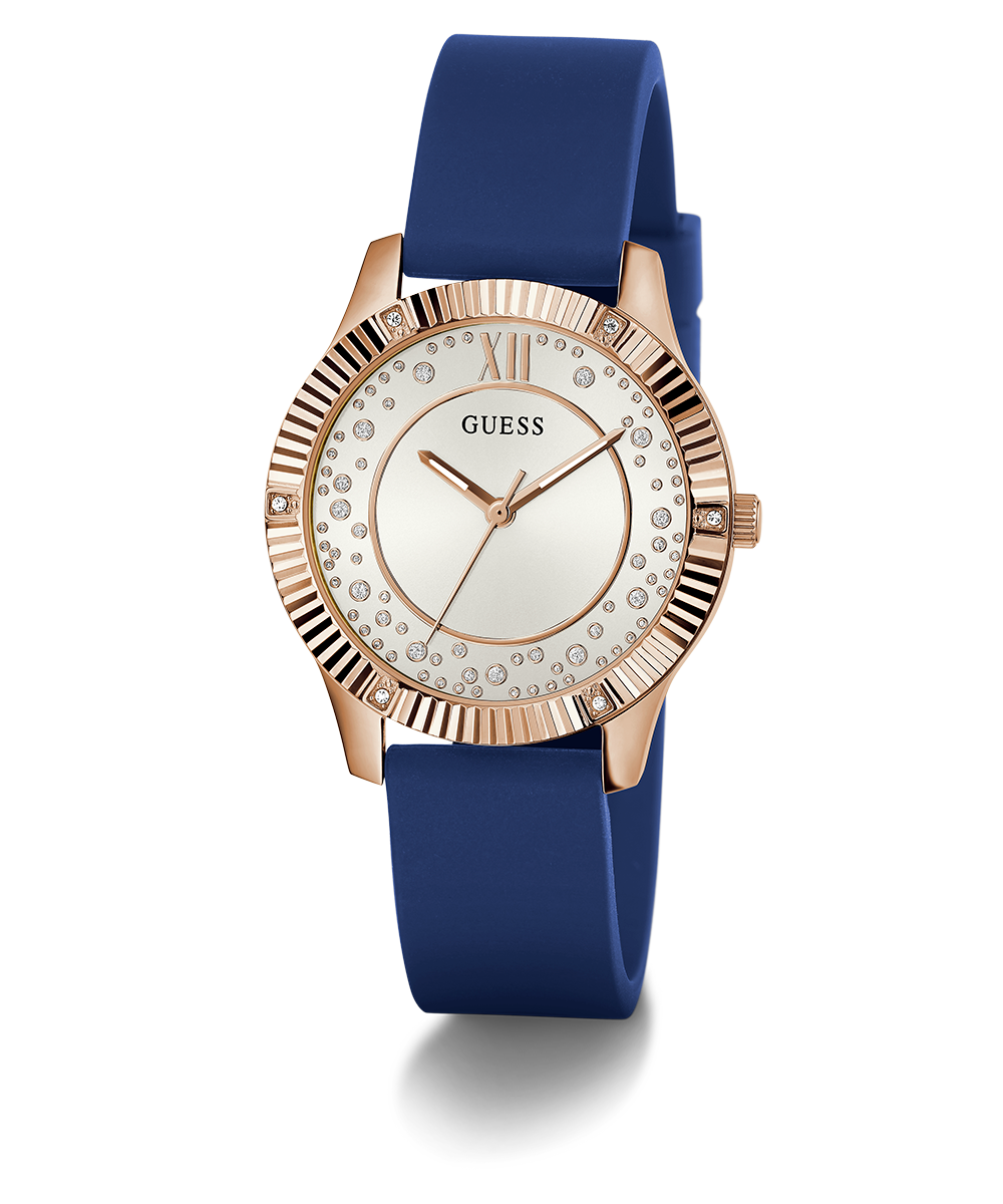 GUESS Ladies Blue Rose Gold Tone Analog Watch
