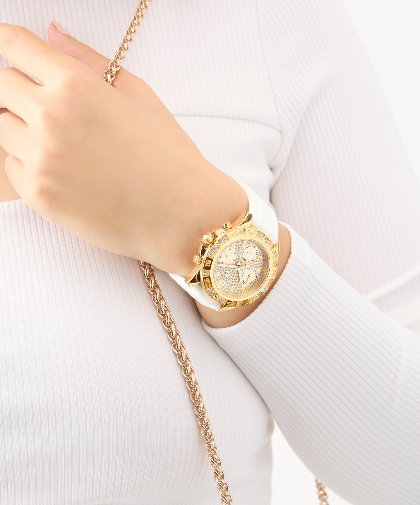 GUESS Ladies White Gold Tone Multi-function Watch