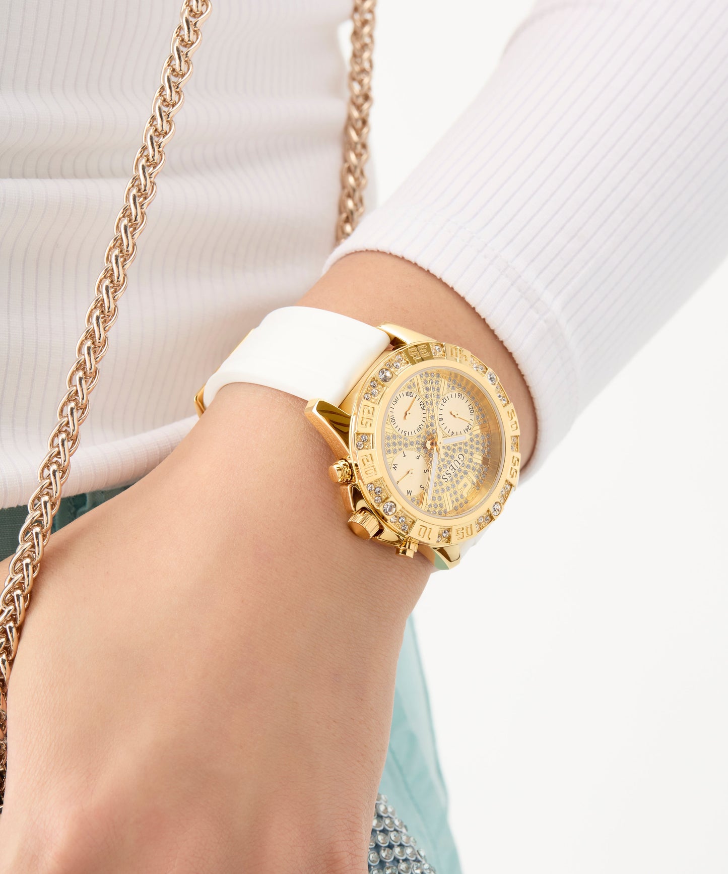 GUESS Ladies White Gold Tone Multi-function Watch