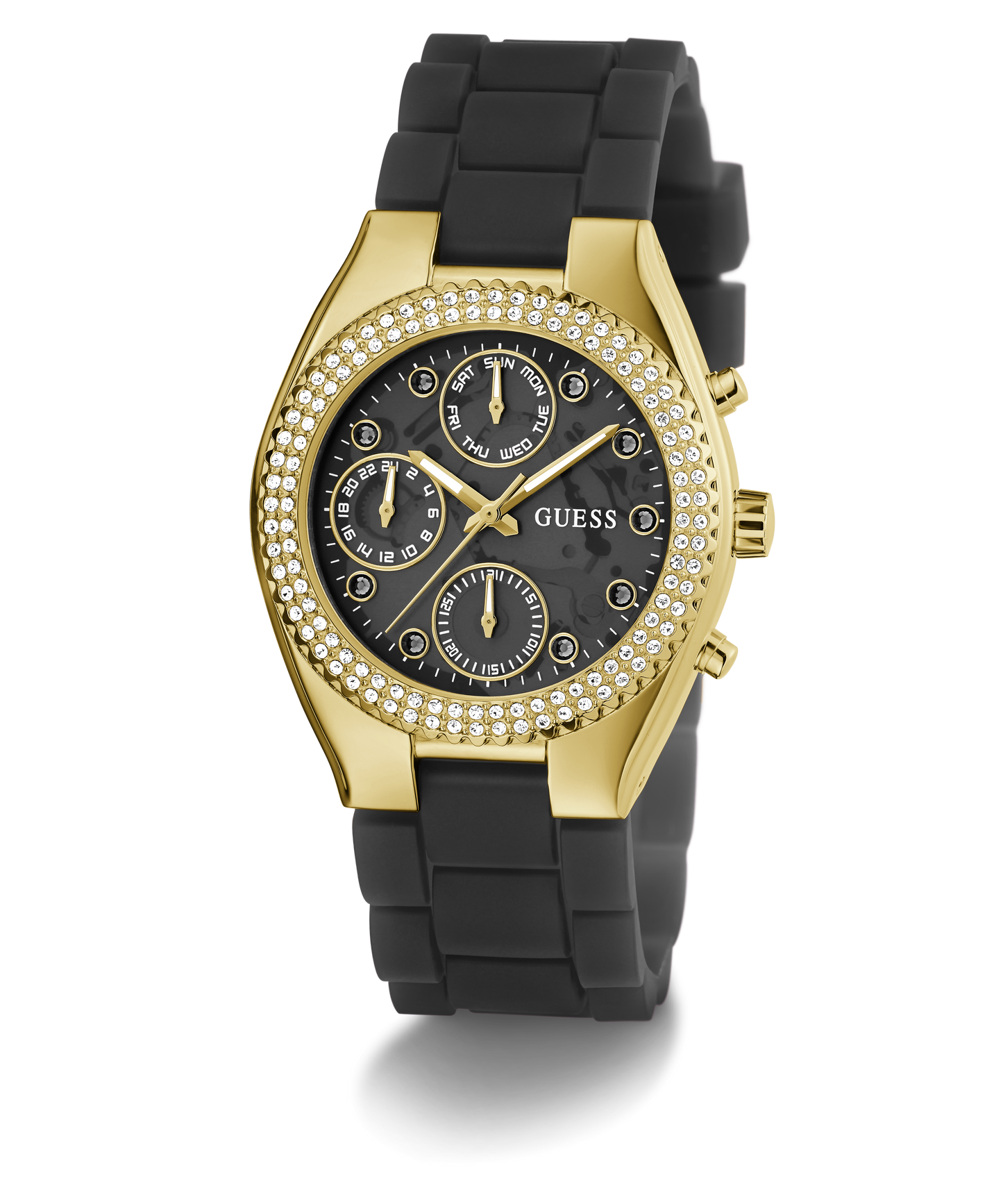 GUESS Ladies Black Gold Tone Multi-function Watch
