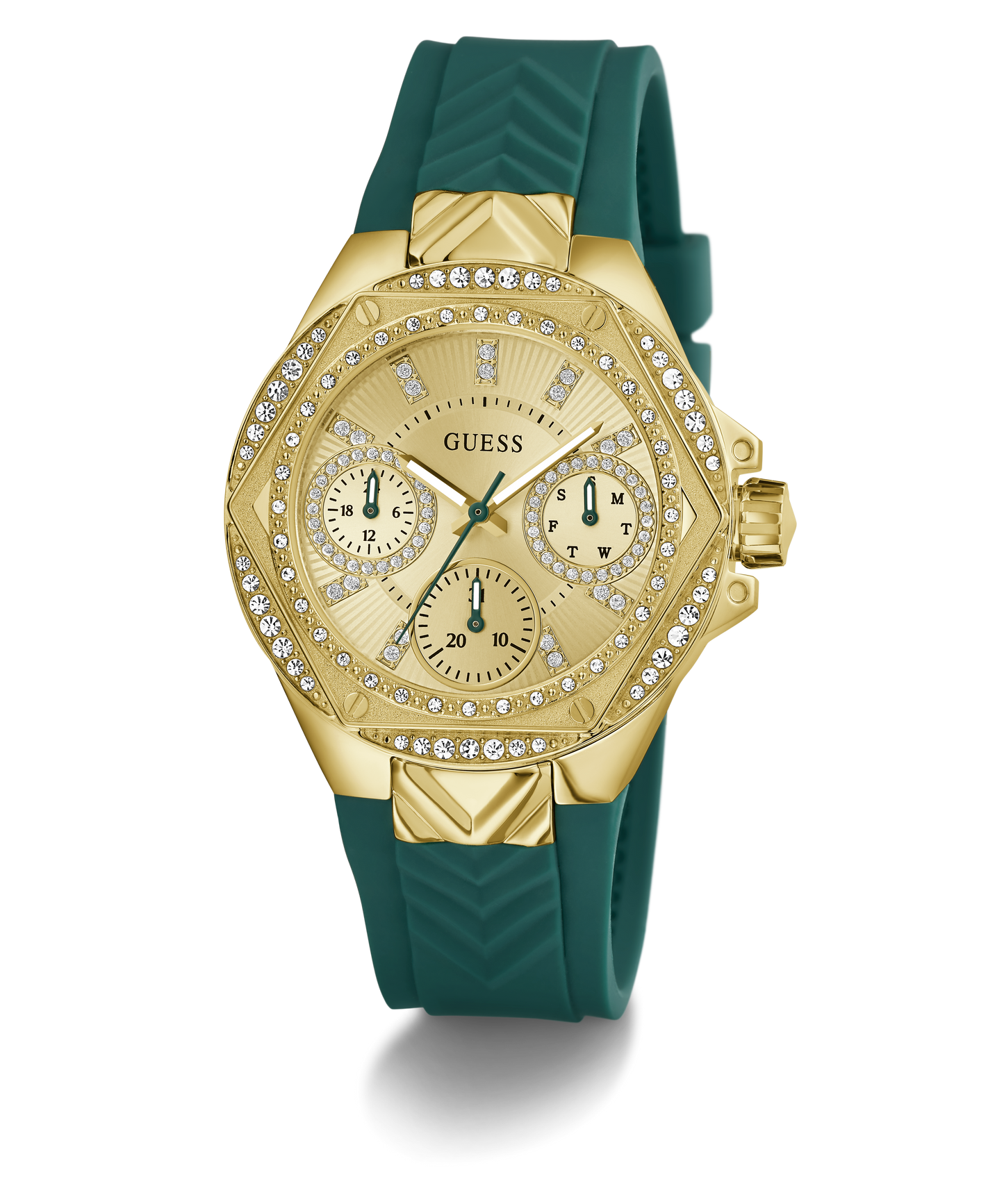 GUESS Ladies Green Gold Tone Multi-function Watch