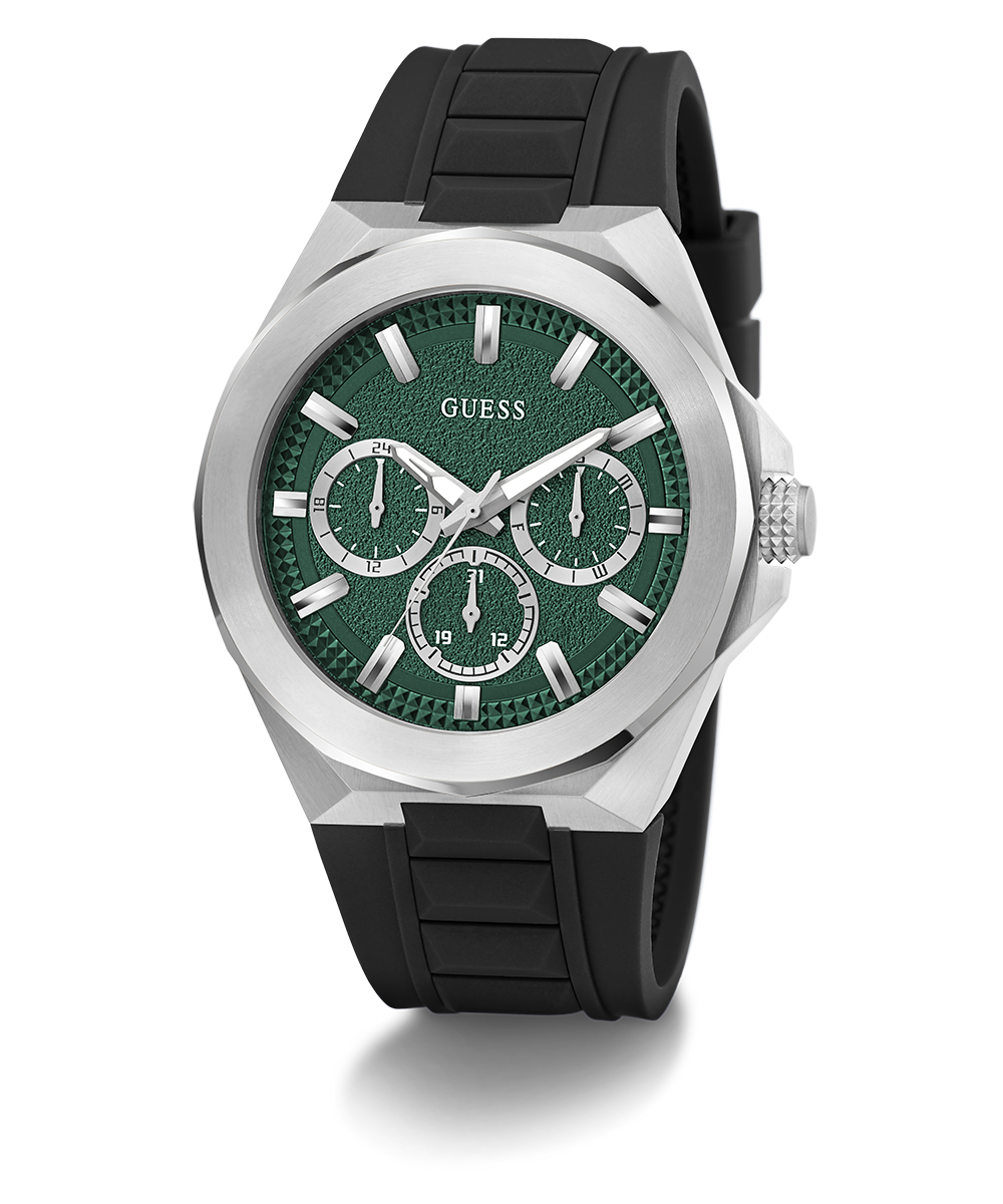 GUESS Mens Black Silver Tone Multi-function Watch