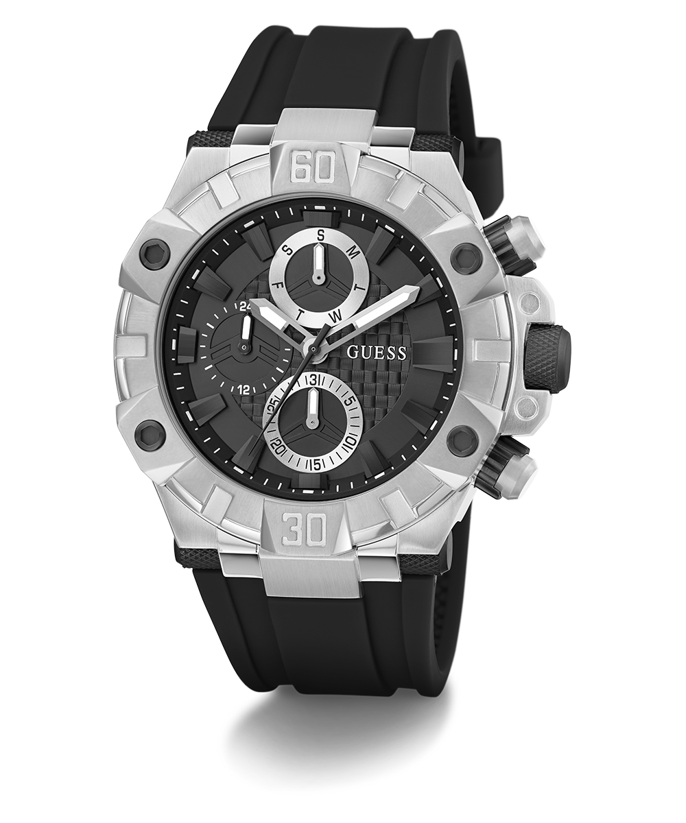 GUESS Mens Black Silver Tone Multi-function Watch
