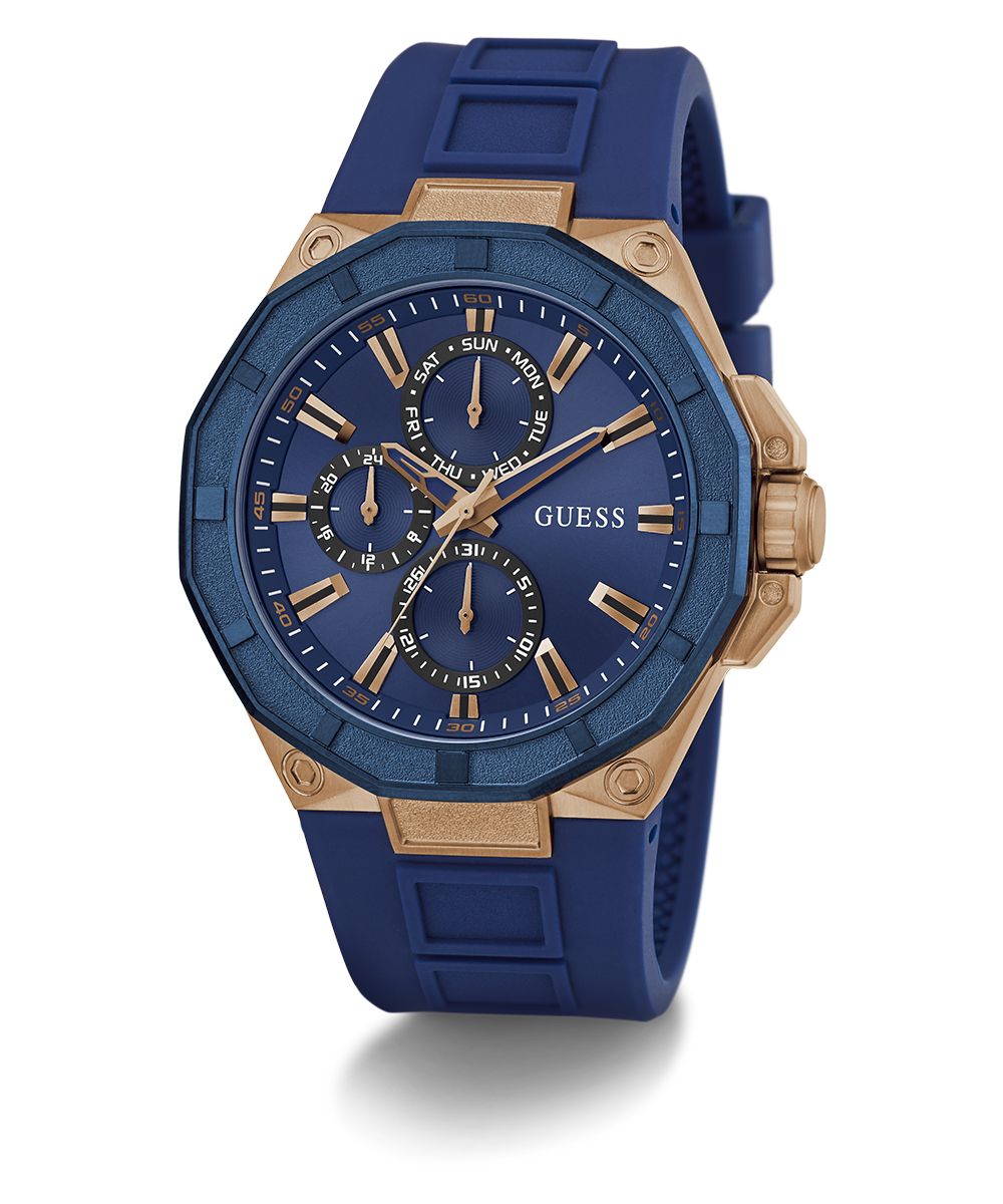 GUESS Mens Blue Rose Gold Tone Multi-function Watch