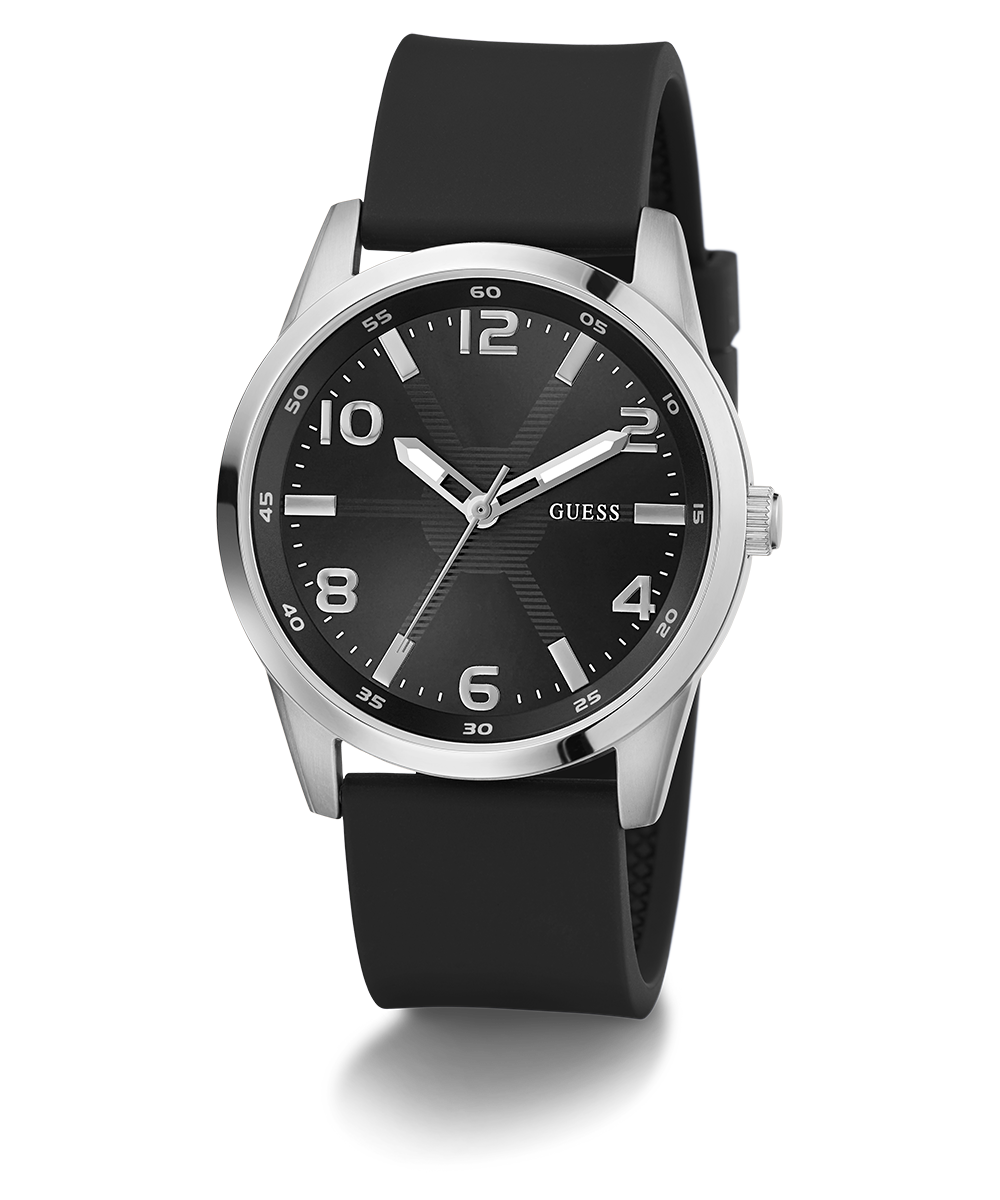 GUESS Mens Black Silver Tone Analog Watch