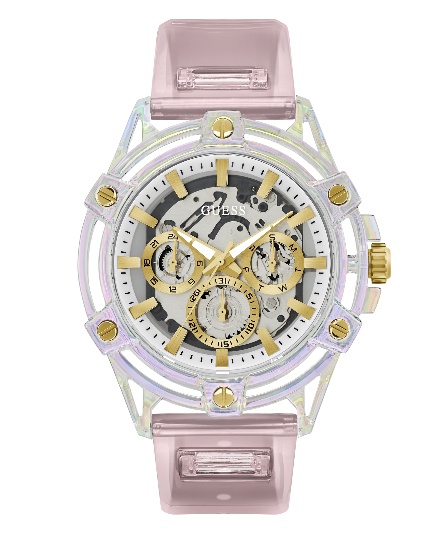 GUESS Mens Pink Clear Multi-function Watch