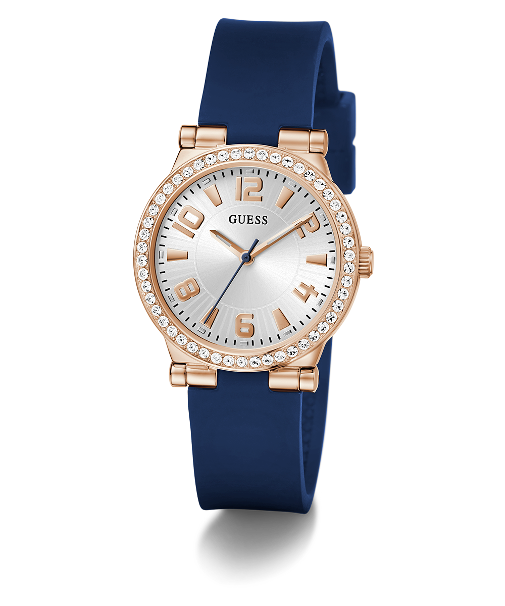 GUESS Ladies Blue Rose Gold Tone Analog Watch