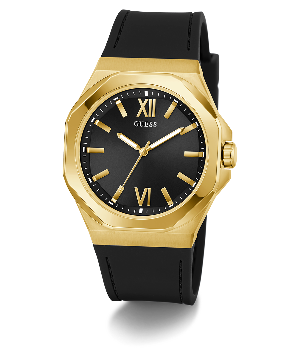 GUESS Mens Black Gold Tone Analog Watch