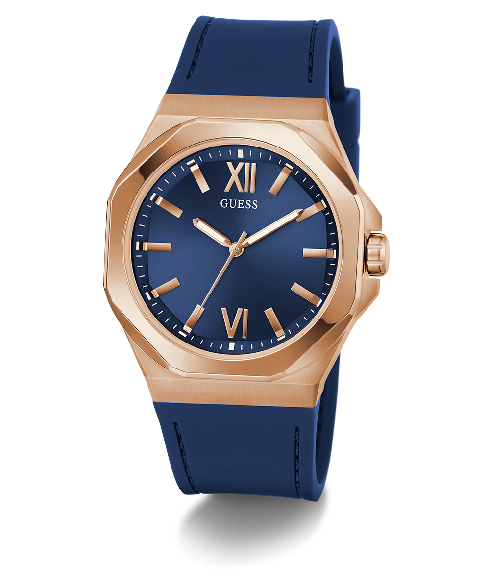 GUESS Mens Blue Rose Gold Tone Analog Watch