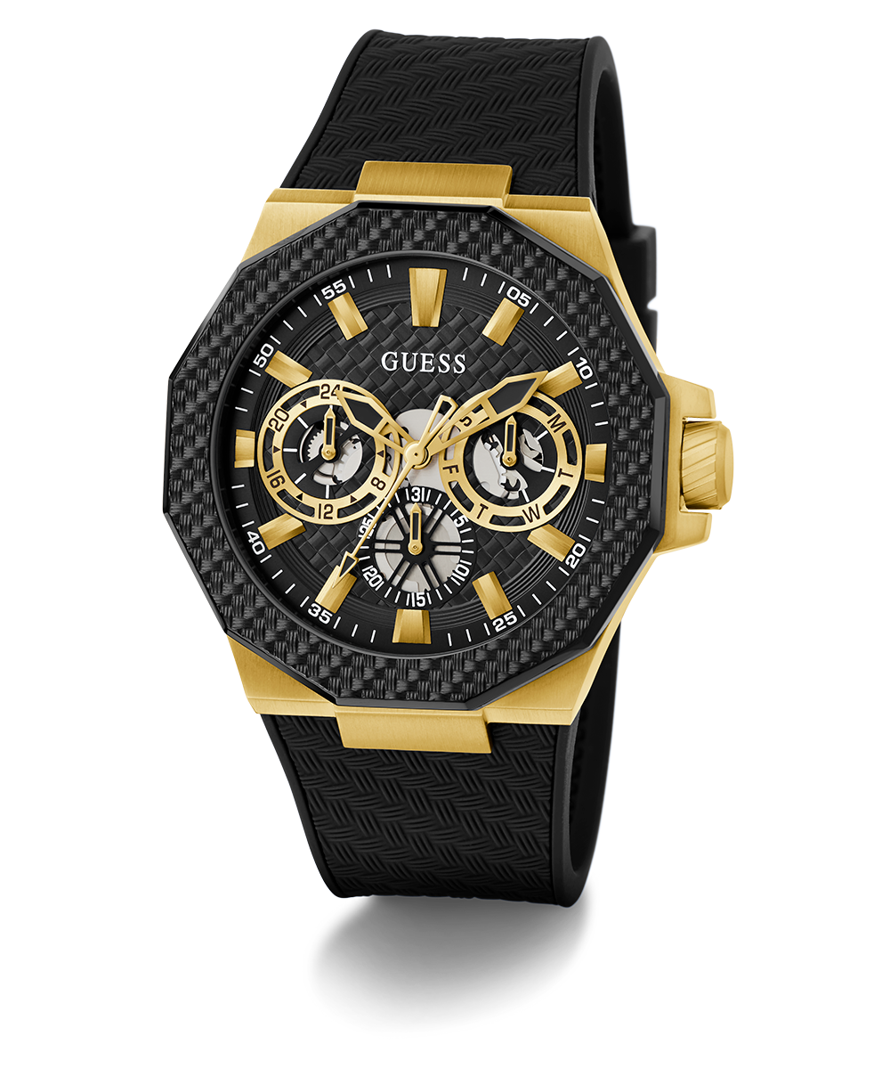 GUESS Mens Black Gold Tone Multi-function Watch