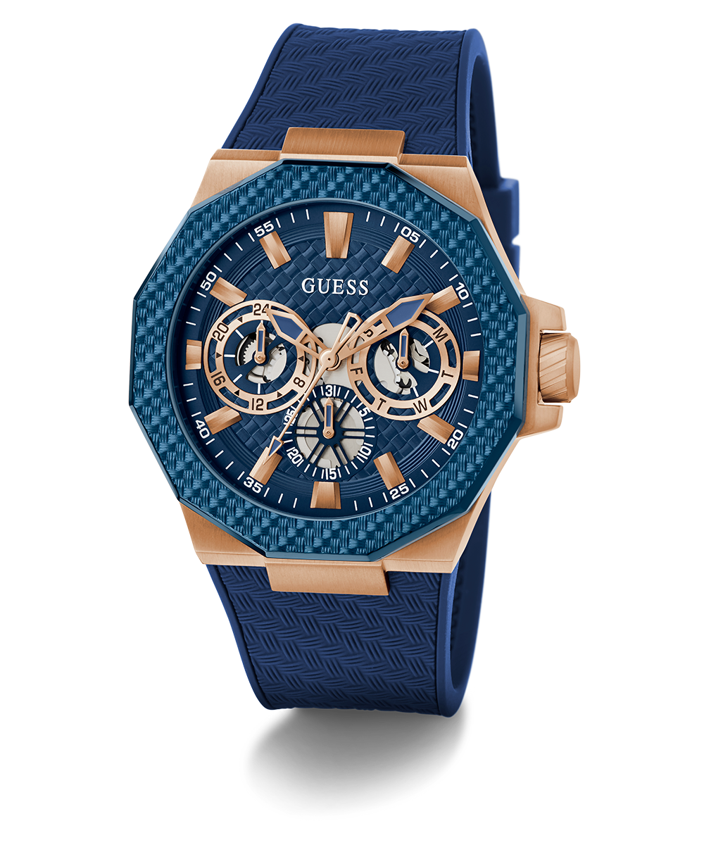 GUESS Mens Blue Rose Gold Tone Multi-function Watch