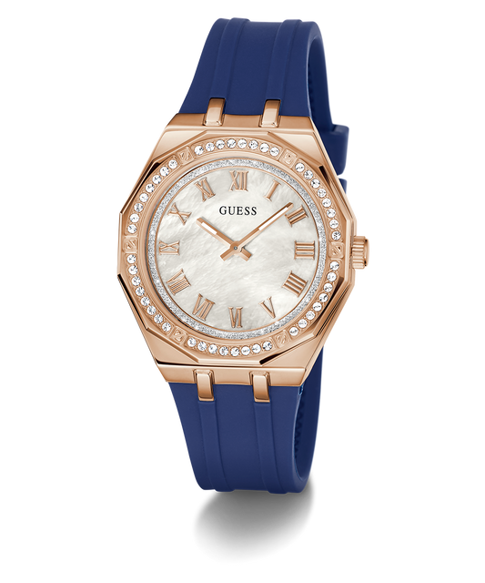 GUESS Ladies Blue Rose Gold Tone Analog Watch