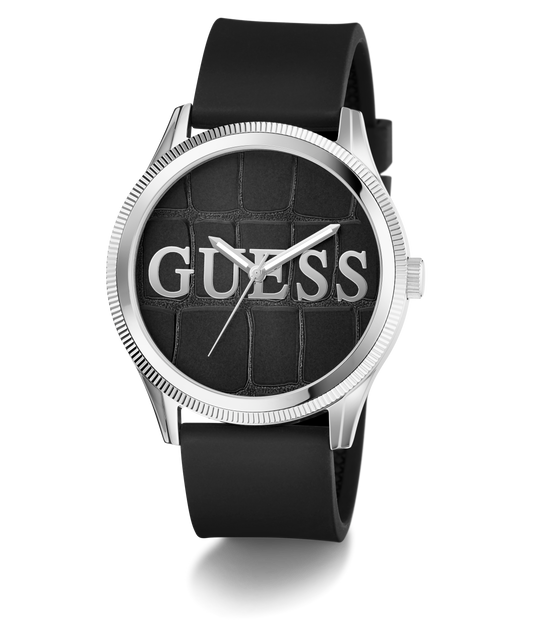 GUESS Mens Black Silver Tone Analog Watch