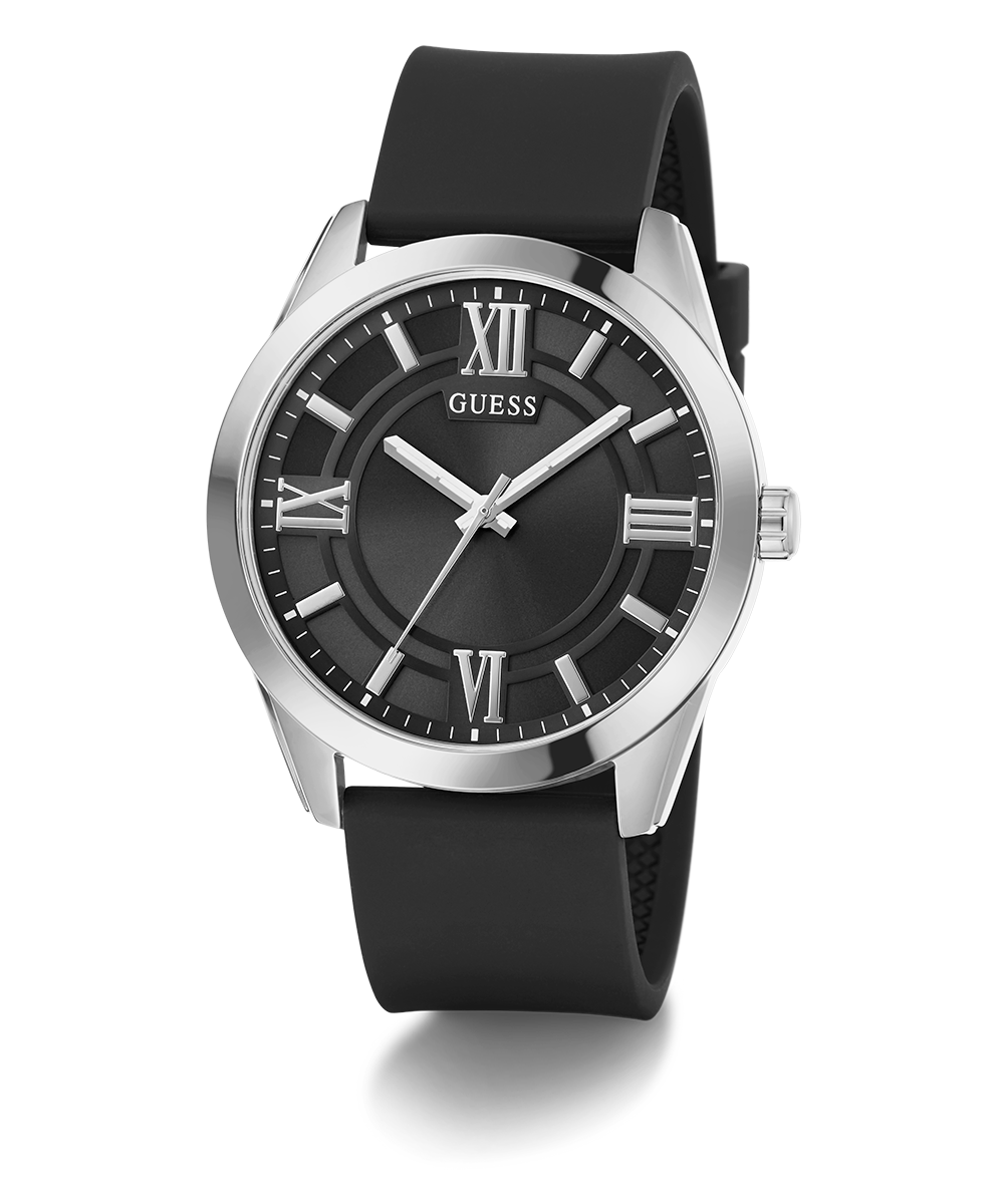 GUESS Mens Black Silver Tone Analog Watch