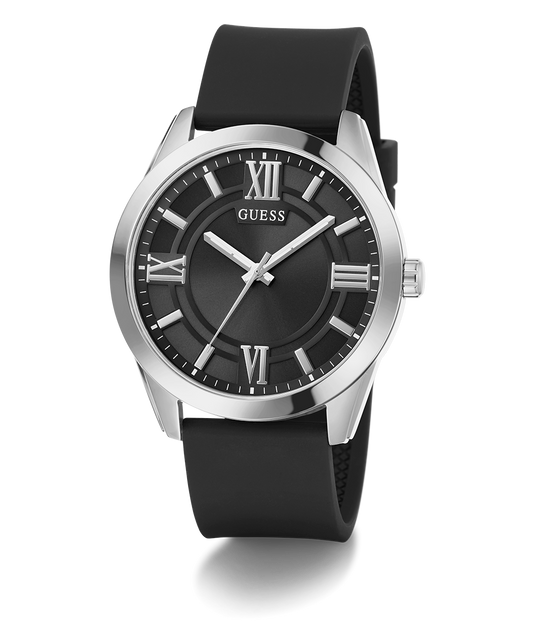 GUESS Mens Black Silver Tone Analog Watch