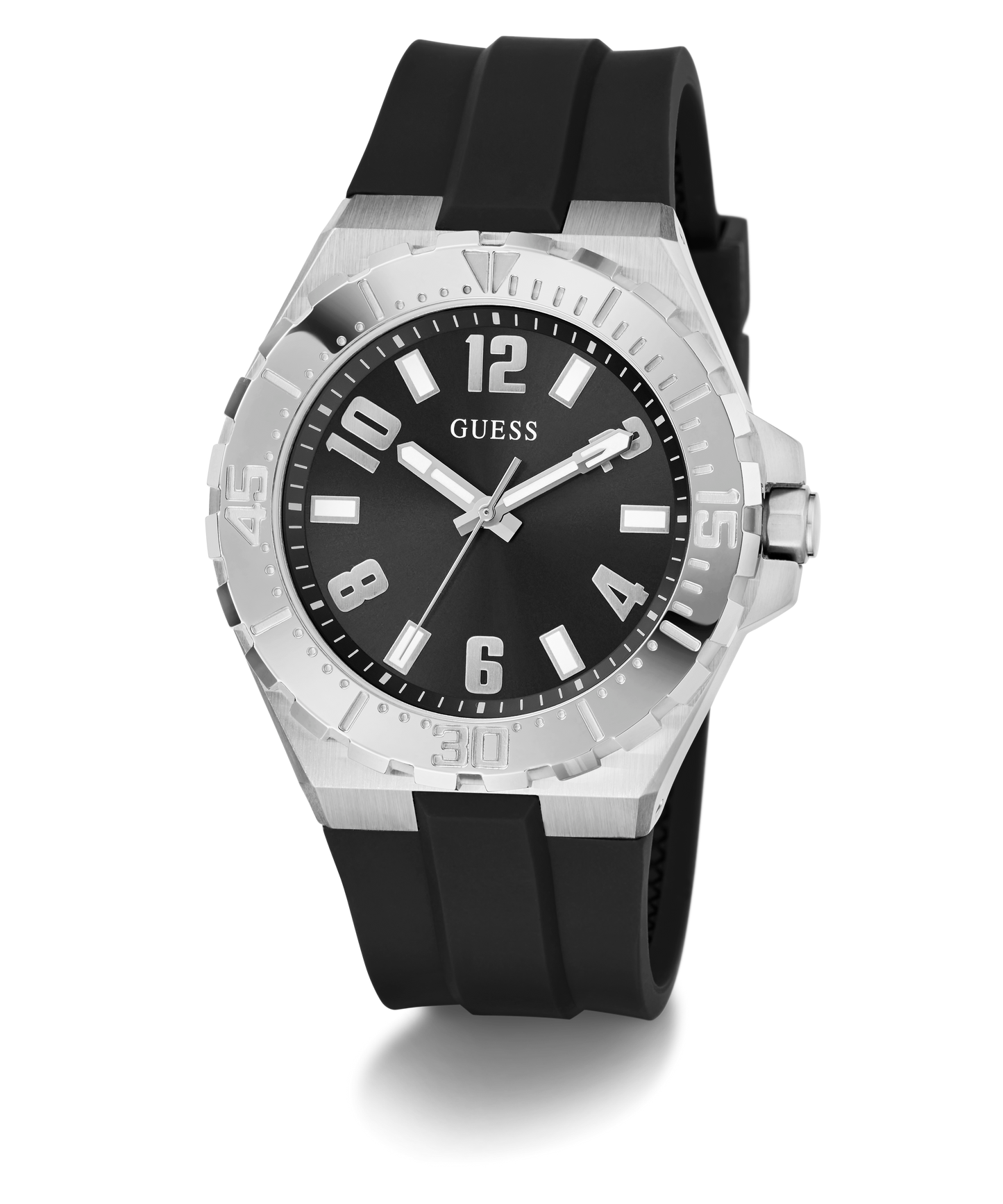 GUESS Mens Black Silver Tone Analog Watch