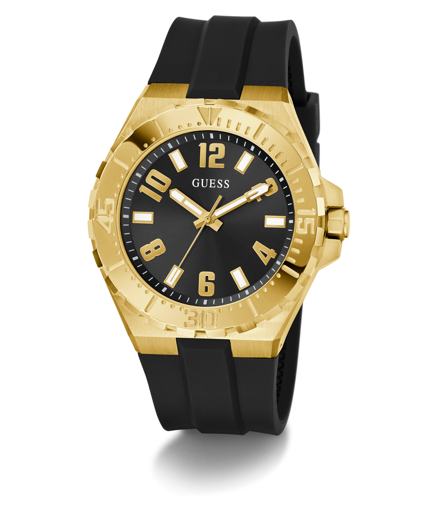 GUESS Mens Black Gold Tone Analog Watch