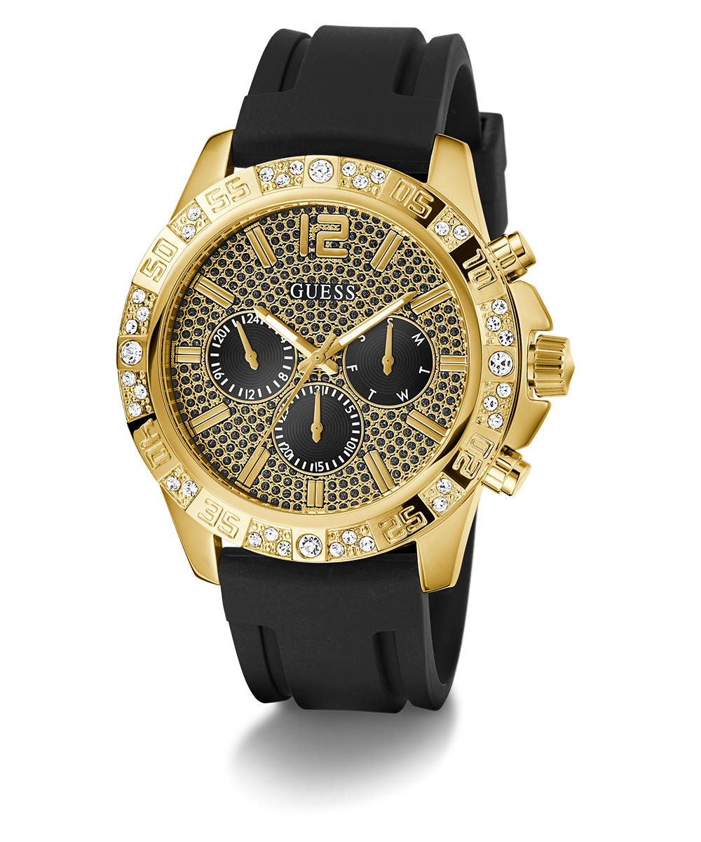 GUESS Mens Black Gold Tone Multi-function Watch