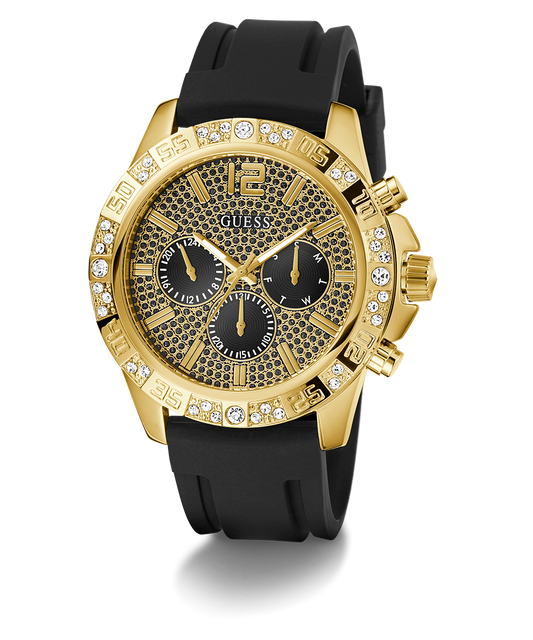 GUESS Mens Black Gold Tone Multi-function Watch
