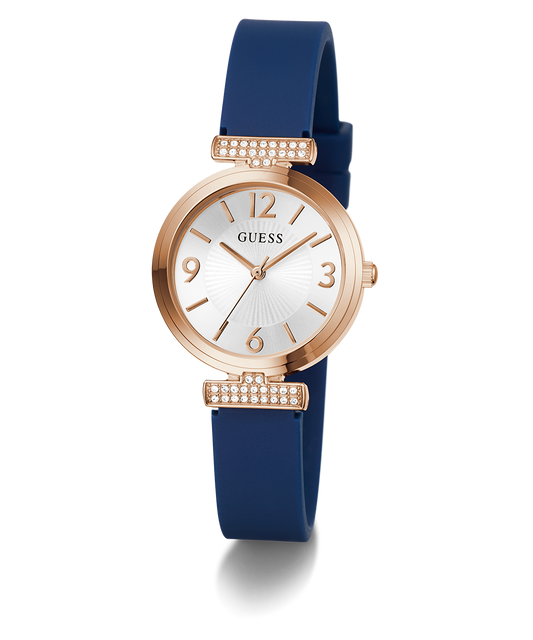 GUESS Ladies Blue Rose Gold Tone Analog Watch
