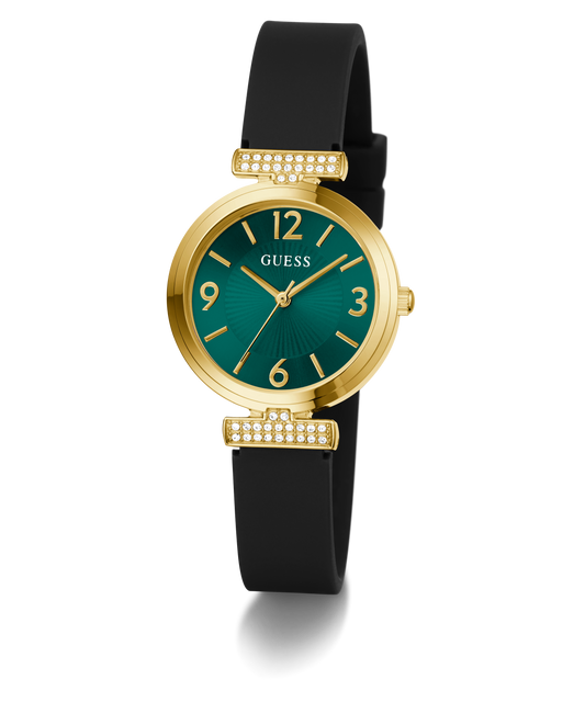 GUESS Ladies Black Gold Tone Analog Watch