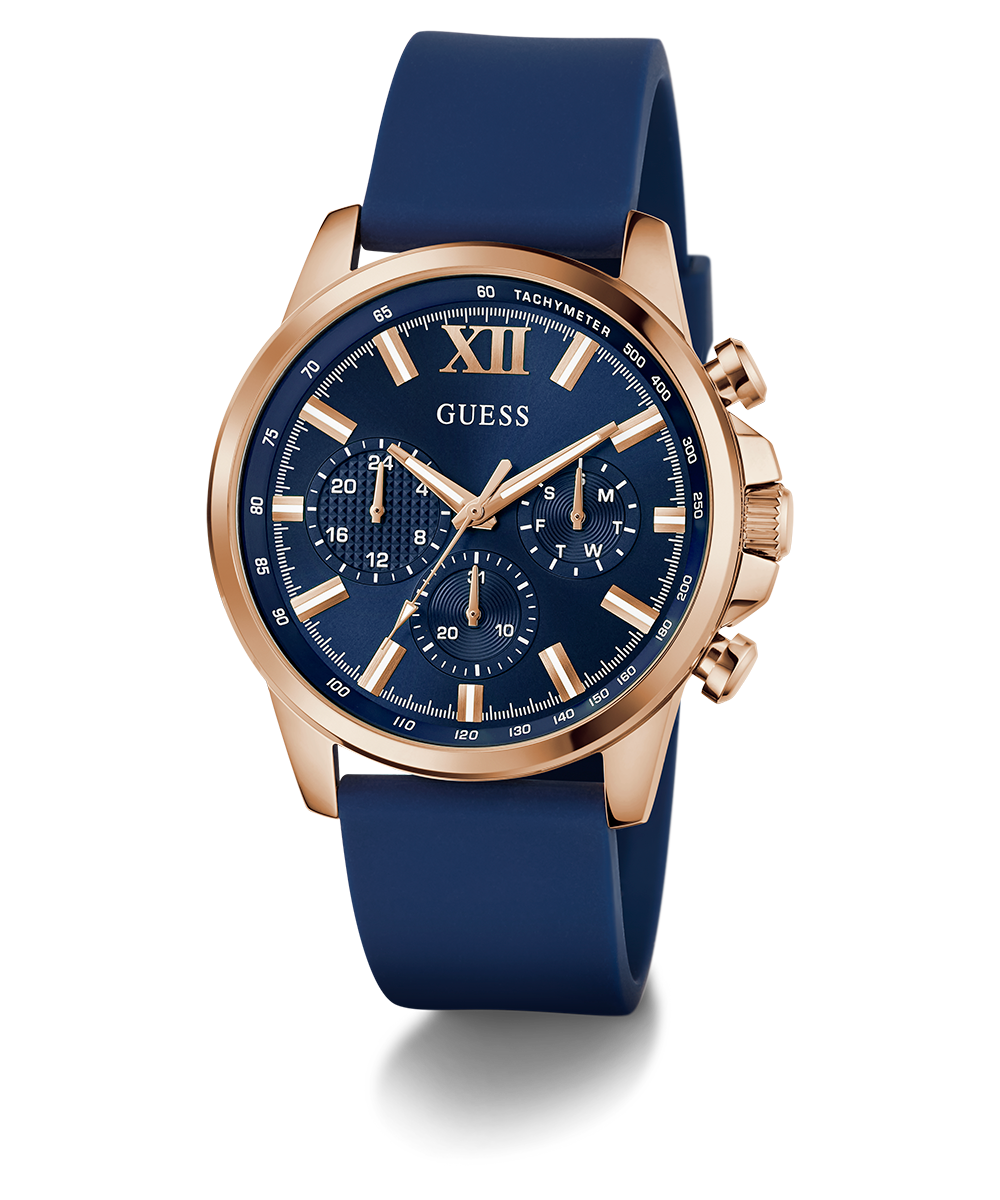 GUESS Mens Blue Rose Gold Tone Multi-function Watch