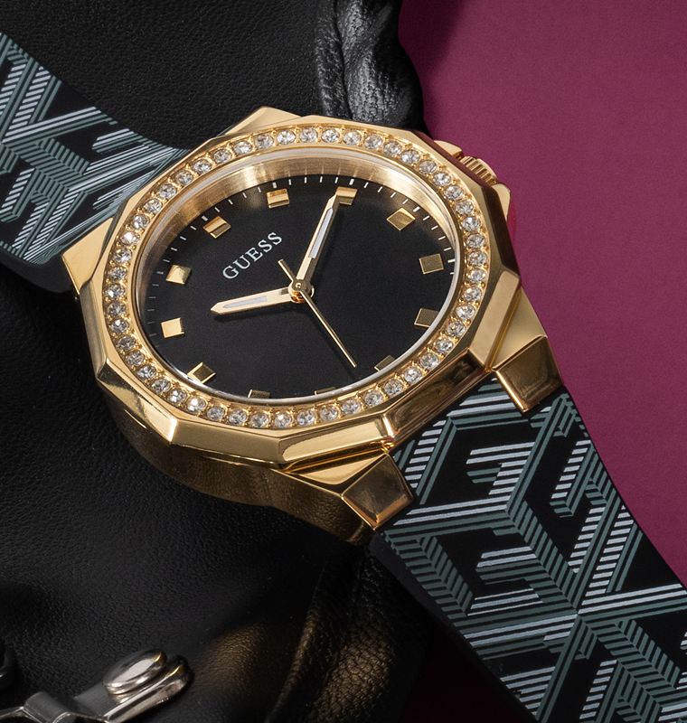 GUESS Ladies Black Gold Tone Analog Watch